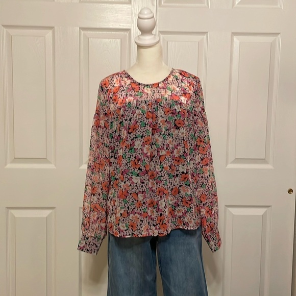 Ann Taylor Blouse Women’s Small Pink Orange Black Babydoll Sheer Floral Overlay - Picture 2 of 10